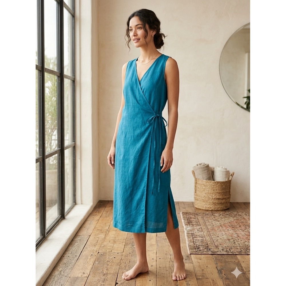 Coastal Chic Eileen Fisher Teal Blue Organic Linen Sleeveless Wrap Midi Dress